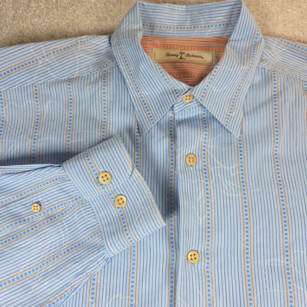 Tommy Bahama Shirt Mens Medium Blue Orange Striped Long Sleeve Cotton Floral
